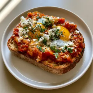 Close up of Shakshouka Toast showing the thick chunky spiced tomato and bell pepper sauce and runny egg yolks.