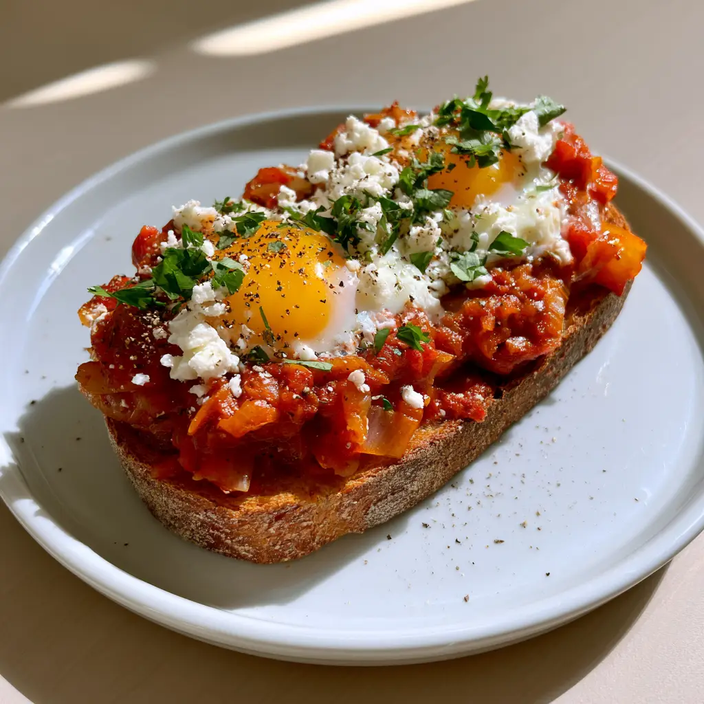 Overhead view of Shakshouka Toast garnished with crumbled feta cheese and cracked black pepper.