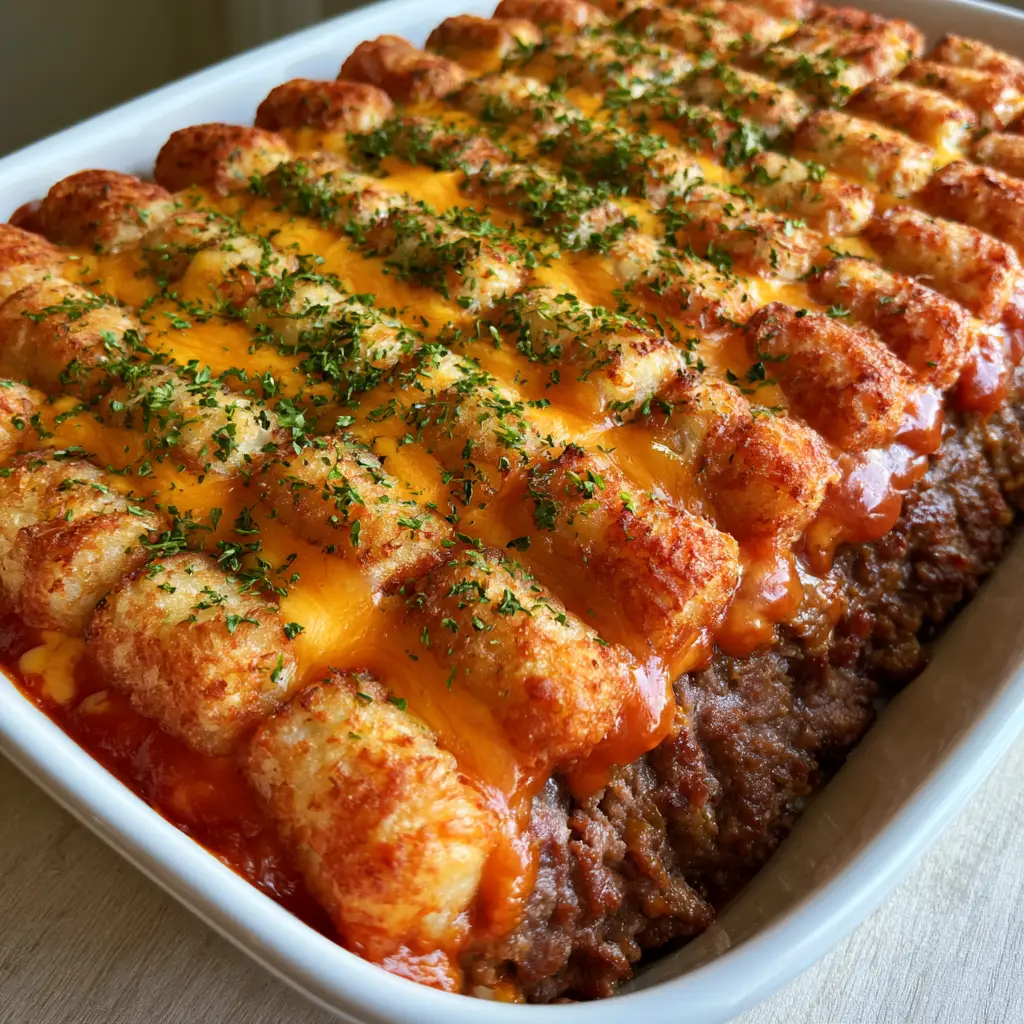 Close-up of seasoned ground beef meatloaf base topped with a tight grid of crispy tater tots and parsley garnish.