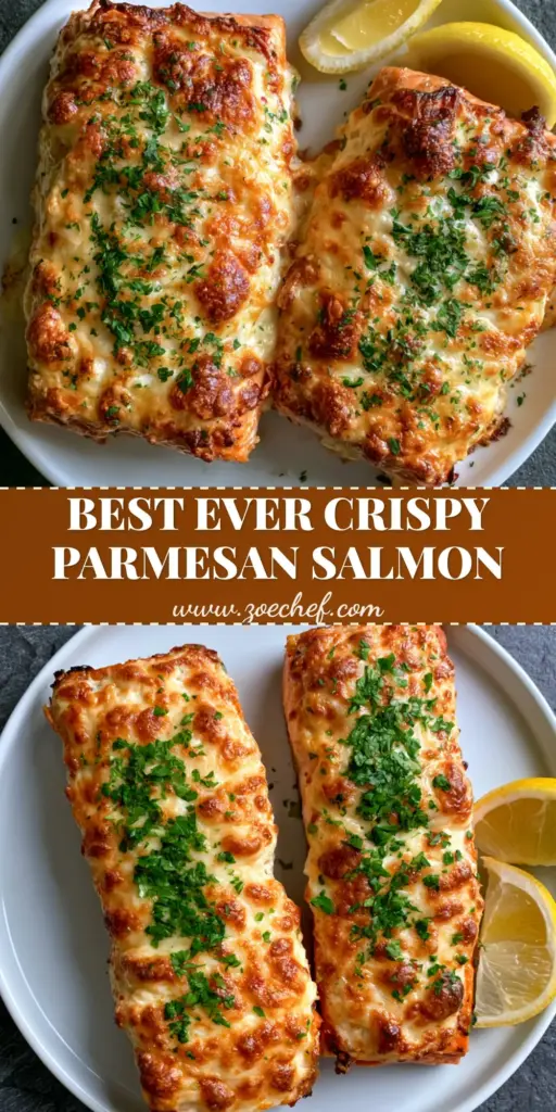 A top-down view of two Parmesan Crusted Salmon fillets with a bubbly toasted crust, parsley garnish, and lemon wedges on a charcoal slate.
