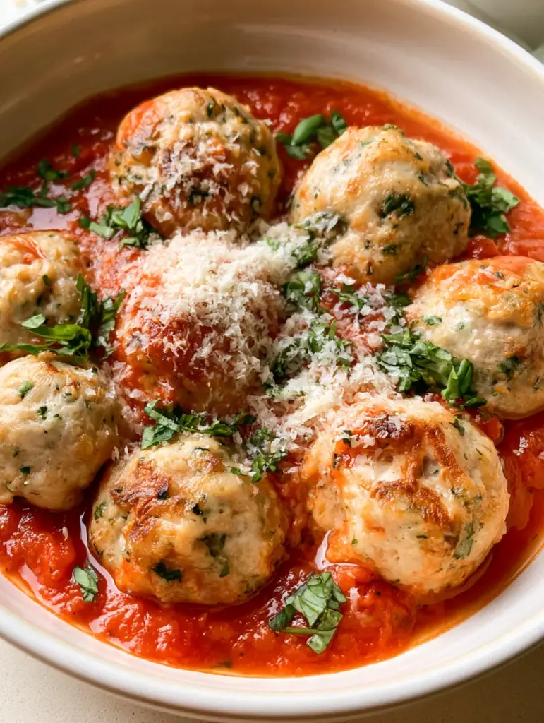Chicken Ricotta Meatballs: The Juiciest Baked Italian Meatballs 2 Shallow white ceramic bowl filled with rustic Chicken Ricotta Meatballs in chunky red sauce.