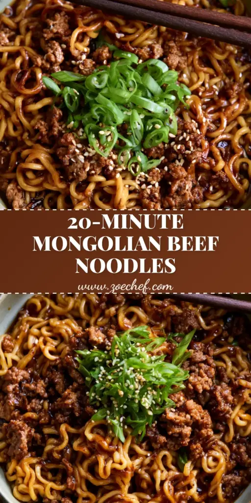 Mongolian Ground Beef Noodles: Easy 20-Minute Takeout at Home 3 A deep ceramic bowl of Mongolian Ground Beef Noodles with curly ramen, caramelized beef, and a glossy dark sauce, garnished with scallions and sesame seeds.