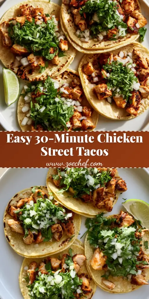 Chicken Street Tacos: The Ultimate Authentic Seared Recipe 4 A vertical Pinterest-optimized shot of three Chicken Street Tacos on a white plate with charred yellow corn tortillas and fresh cilantro.