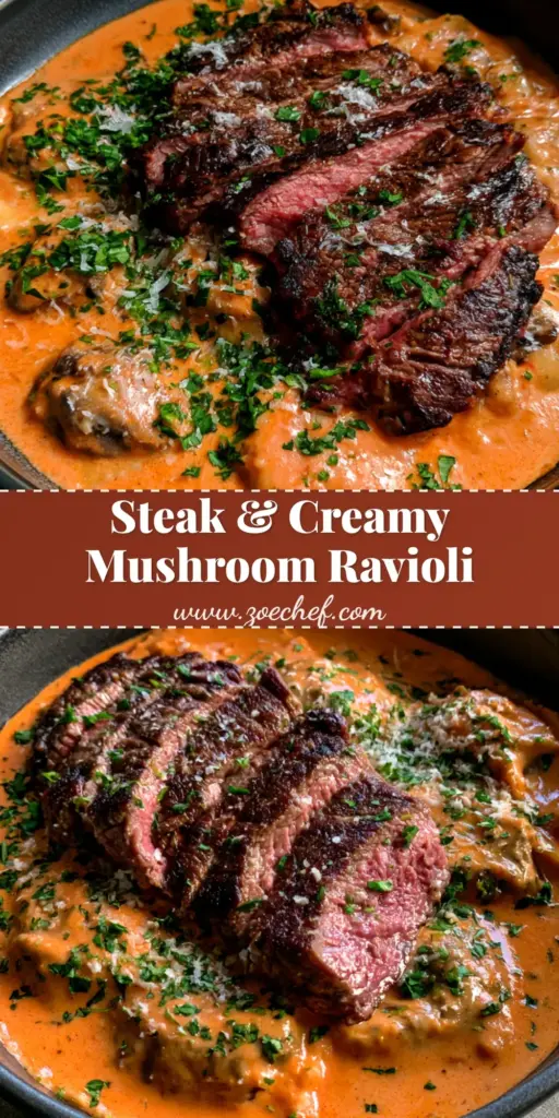 A shallow black ceramic bowl filled with plump mushroom ravioli in a thick orange-pink sauce, topped with sliced medium-rare steak, fresh parsley, and grated parmesan. (Steak and Mushroom Ravioli)