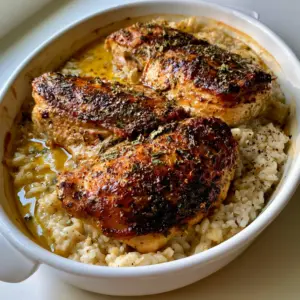 A smartphone shot of a white ceramic casserole dish holding browned chicken and savory yellow rice. (No Peek Chicken and Rice)