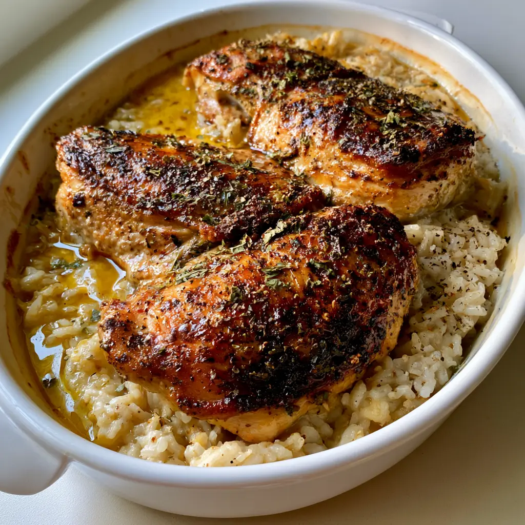 No Peek Chicken and Rice: The Ultimate Creamy One-Pan Dinner 2 A smartphone shot of a white ceramic casserole dish holding browned chicken and savory yellow rice. (No Peek Chicken and Rice)