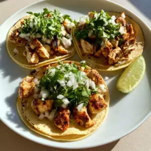High-angle close-up of three Chicken Street Tacos showing charred edges of chicken and diced white onion on stacked yellow tortillas.