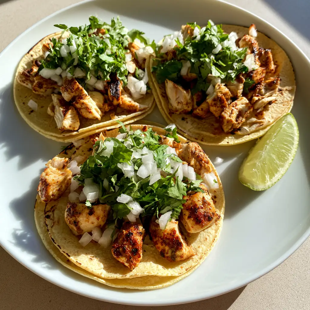 Chicken Street Tacos: The Ultimate Authentic Seared Recipe 2 High-angle close-up of three Chicken Street Tacos showing charred edges of chicken and diced white onion on stacked yellow tortillas.