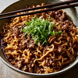 Close-up of curly ramen noodles coated in a glossy dark brown soy glaze with caramelized ground beef crumbles. (Mongolian Ground Beef Noodles)