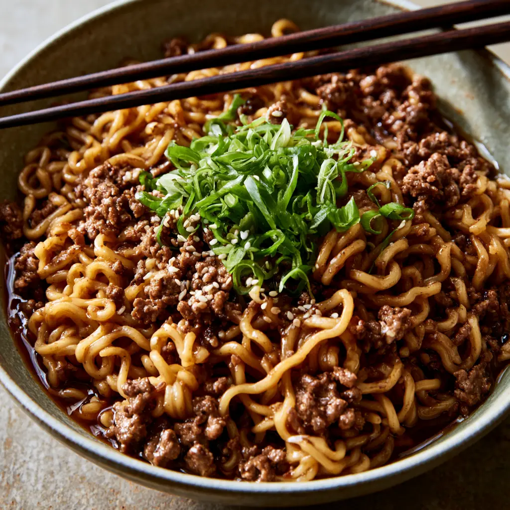 Mongolian Ground Beef Noodles: Easy 20-Minute Takeout at Home 2 Close-up of curly ramen noodles coated in a glossy dark brown soy glaze with caramelized ground beef crumbles. (Mongolian Ground Beef Noodles)