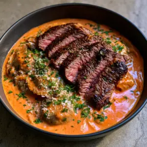 A smartphone photo showing the vibrant orange-pink sauce coating mushroom ravioli in a black bowl. (Steak and Mushroom Ravioli)