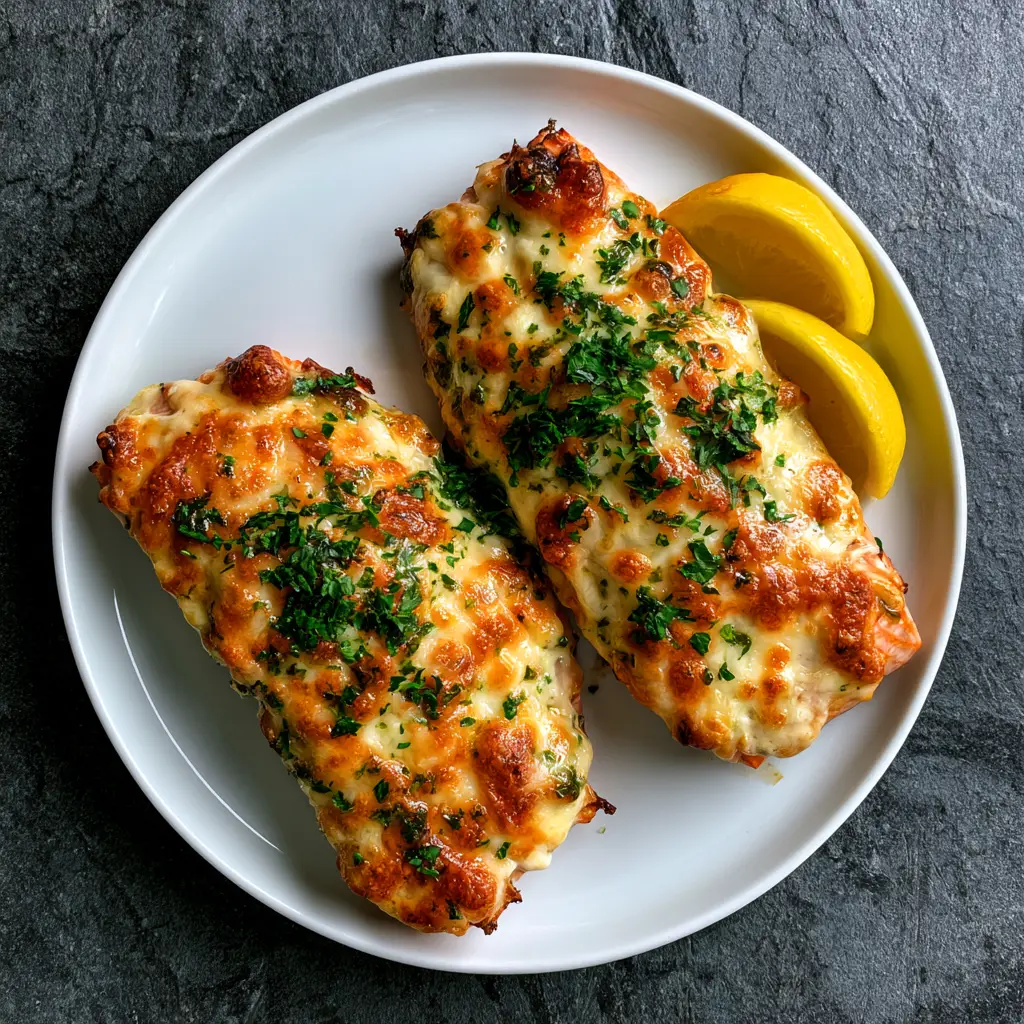 Two salmon fillets with a thick parmesan and mayonnaise crust served on a white plate with lemon wedges.