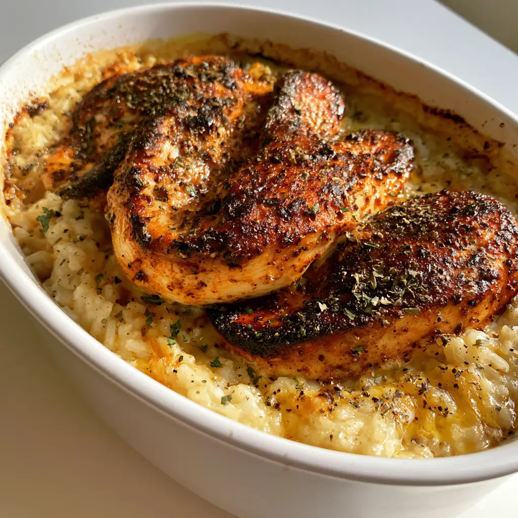 No Peek Chicken and Rice: The Ultimate Creamy One-Pan Dinner 1 High-angle photo of fluffy cream-colored rice and seasoned chicken breast with green herb flakes. (No Peek Chicken and Rice)