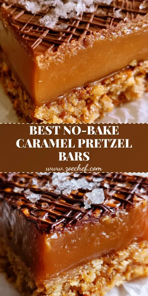 A top-down view of No-Bake Salted Caramel Pretzel Bars featuring a thick amber caramel layer, dark chocolate cross-hatch drizzle, and flaky sea salt on white parchment paper.