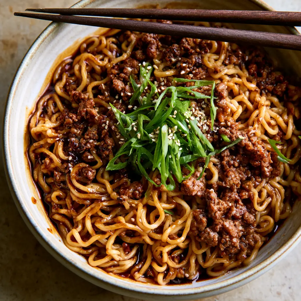 Mongolian Ground Beef Noodles: Easy 20-Minute Takeout at Home 1 Handheld smartphone style photo of a bowl of Mongolian Ground Beef Noodles with green scallions and sesame seeds garnish.