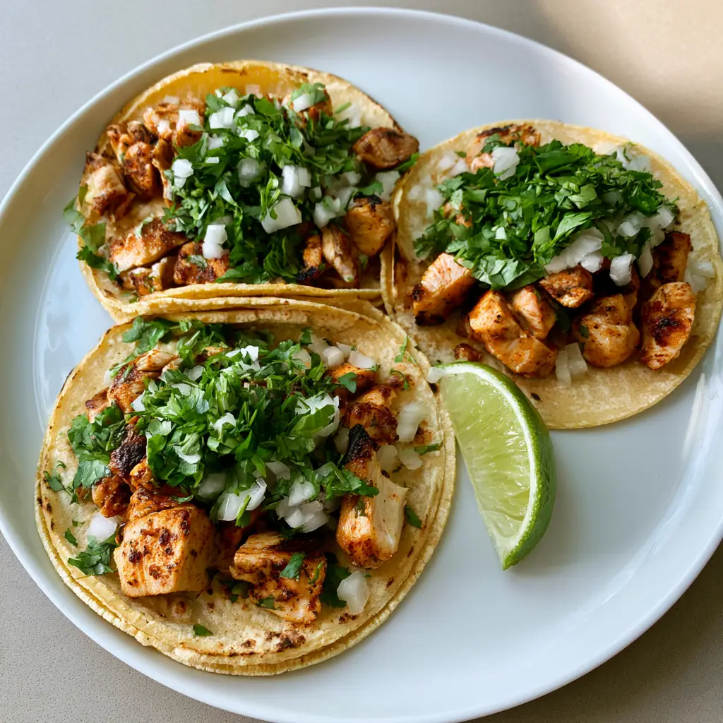 Chicken Street Tacos: The Ultimate Authentic Seared Recipe 1 Three authentic chicken street tacos served on a white plate with a side of lime wedge, featuring heavy cilantro and onion scatter.