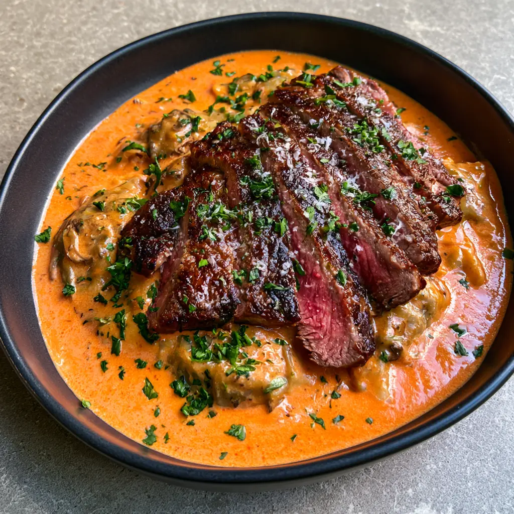 Close up of thick-sliced medium-rare steak with a caramelized crust on top of mushroom ravioli.