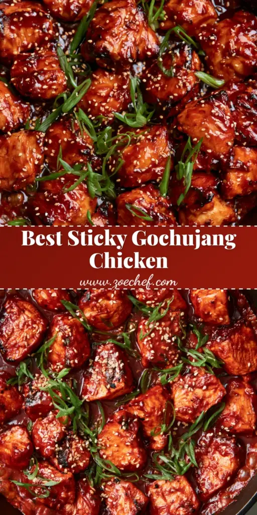 Gochujang Chicken: The Stickiest Korean Spicy Chicken Recipe 3 Top-down shot of Gochujang Chicken in a cast iron skillet with a thick glossy crimson glaze, sesame seeds, and green onions.