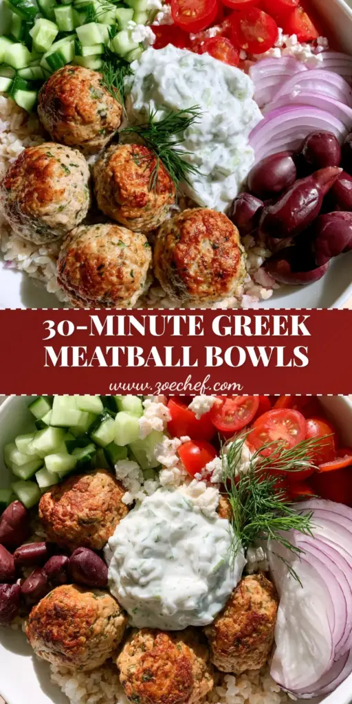 Greek Turkey Meatball Bowls with Creamy Tzatziki and Fresh Herbs 4 A top-down view of Greek Turkey Meatball Bowls featuring seared meatballs, fresh cucumbers, tomatoes, and creamy tzatziki on a white ceramic bowl.