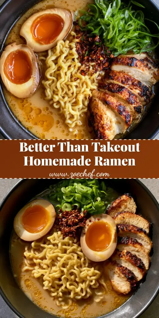 Easy Homemade Ramen Recipe with Seared Chicken and Jammy Eggs 4 A top-down view of a matte black ceramic bowl featuring an Easy Homemade Ramen Recipe with seared chicken, jammy eggs, and wavy yellow noodles.