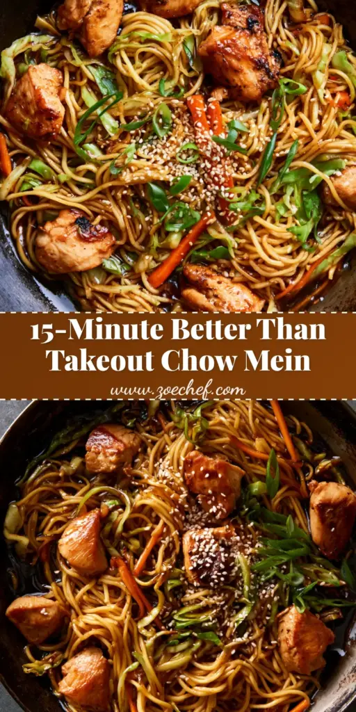 Chicken Chow Mein With Crispy Seared Chicken and Glossy Noodles 3 A close-up shot of glossy Chicken Chow Mein in a wok with seared chicken, cabbage, and carrots topped with sesame seeds.