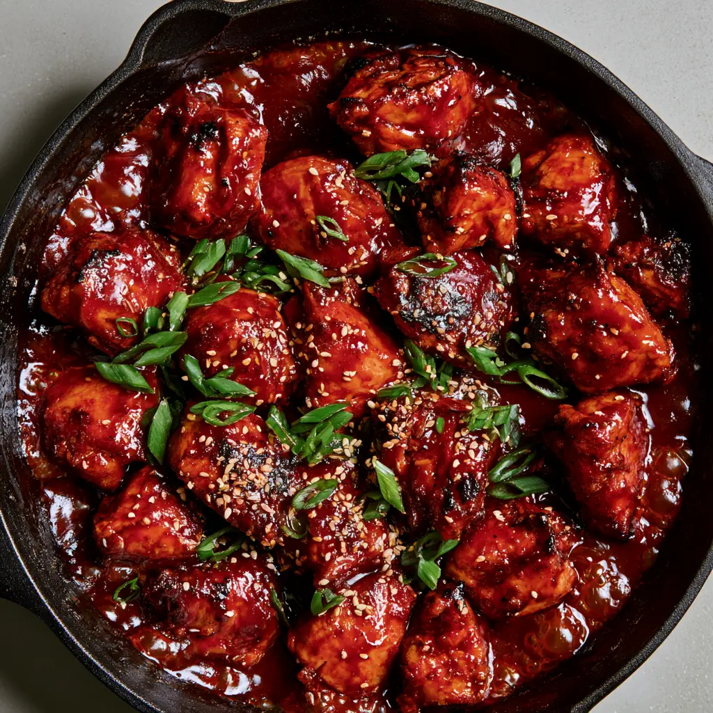 Gochujang Chicken: The Stickiest Korean Spicy Chicken Recipe 2 Close-up of seared Gochujang Chicken pieces with charred edges and bubbling red sauce.