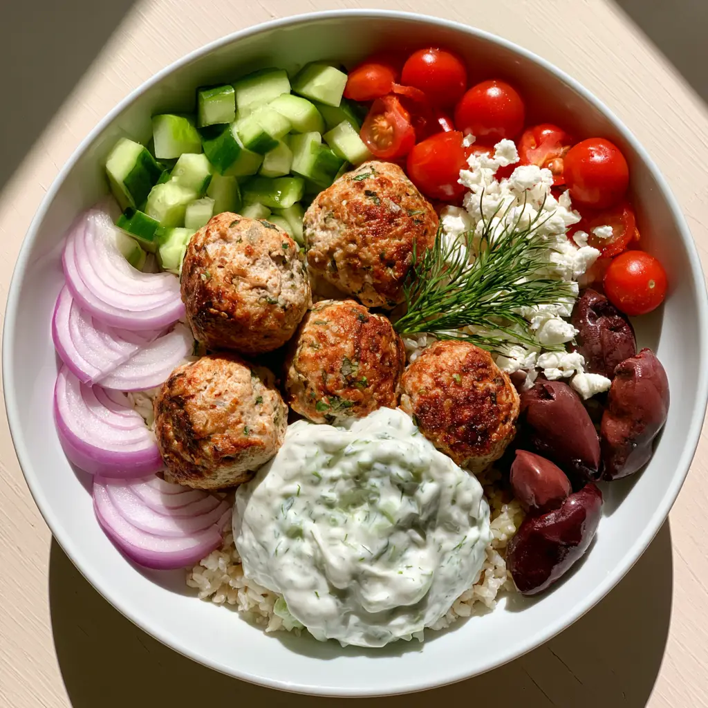 Greek Turkey Meatball Bowls with Creamy Tzatziki and Fresh Herbs 2 Close-up of seared herb-flecked meatballs in Greek Turkey Meatball Bowls with vibrant Mediterranean vegetables.
