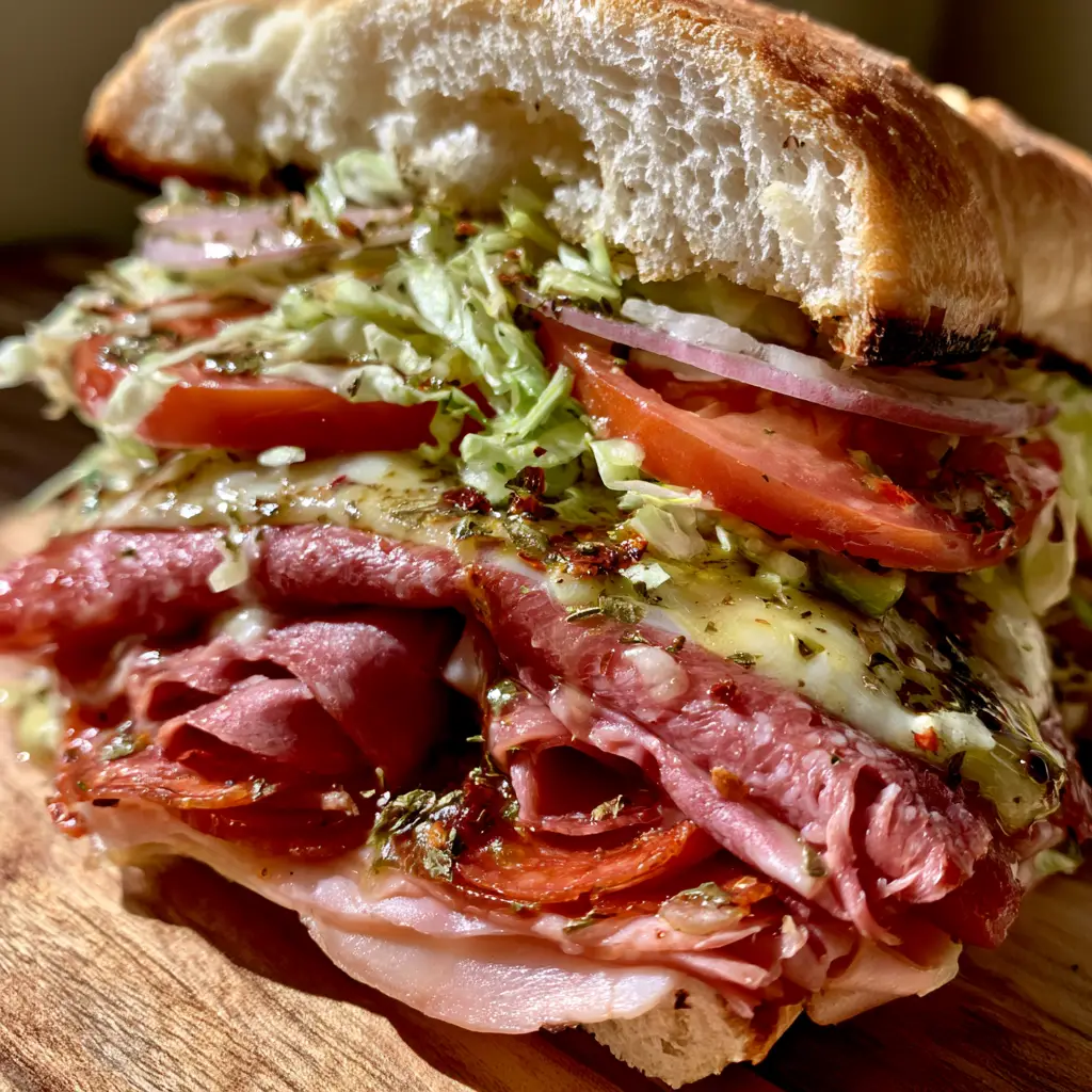 Close up of a toasted Italian Sub Sandwich showing bubbly melted provolone and charred edges of the hoagie roll.
