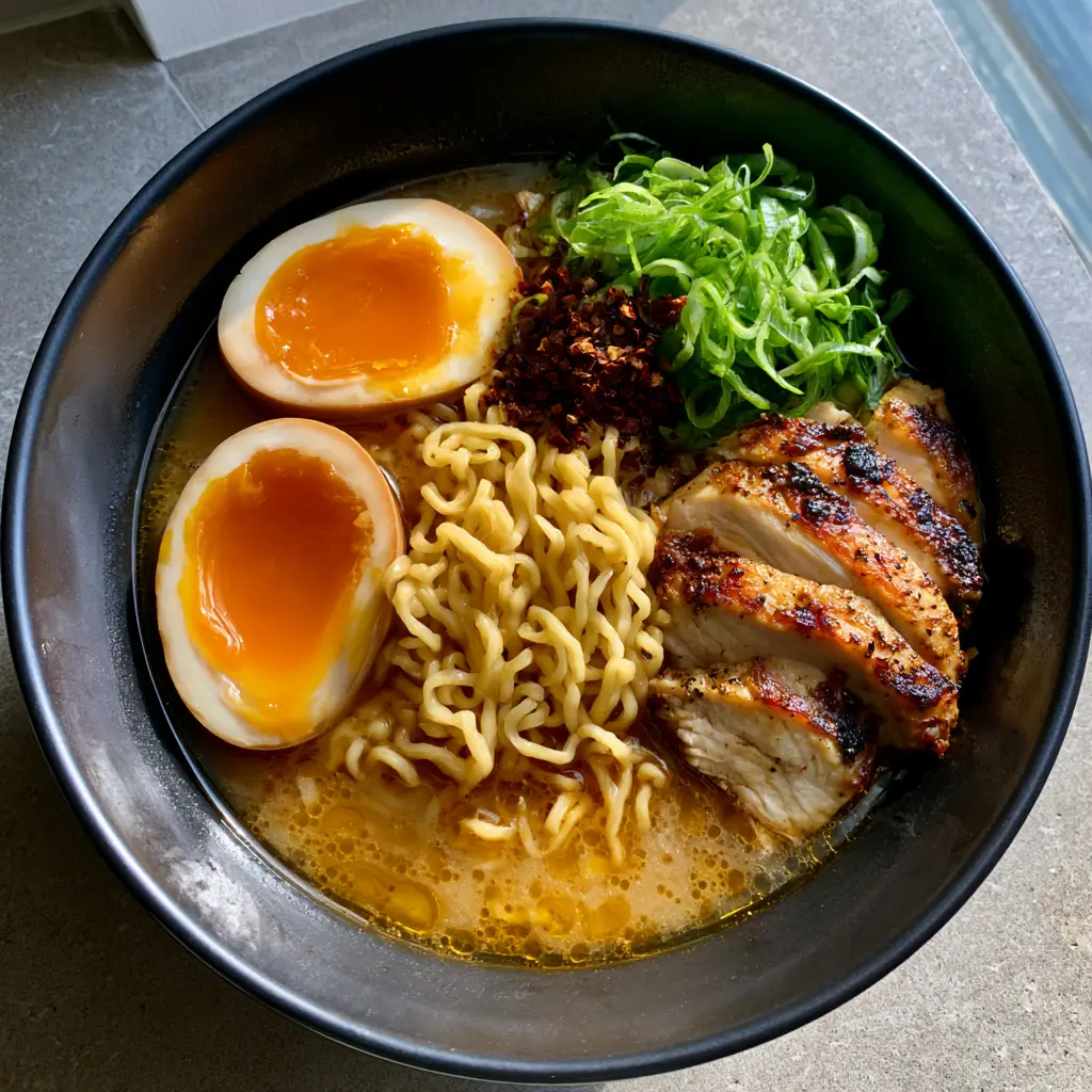 Easy Homemade Ramen Recipe with Seared Chicken and Jammy Eggs 2 Close-up of wavy yellow ramen noodles and savory brown broth with golden oil droplets for an Easy Homemade Ramen Recipe.