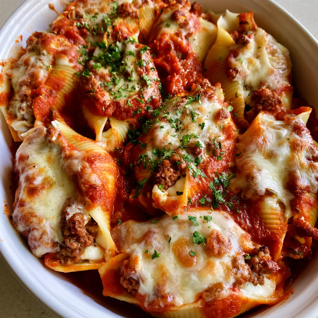 Ground Beef Stuffed Shells: The Ultimate Cheesy Comfort Food 2 Close-up of jumbo shells filled with ground beef and ricotta, smothered in red sauce and melted mozzarella. (Ground Beef Stuffed Shells)