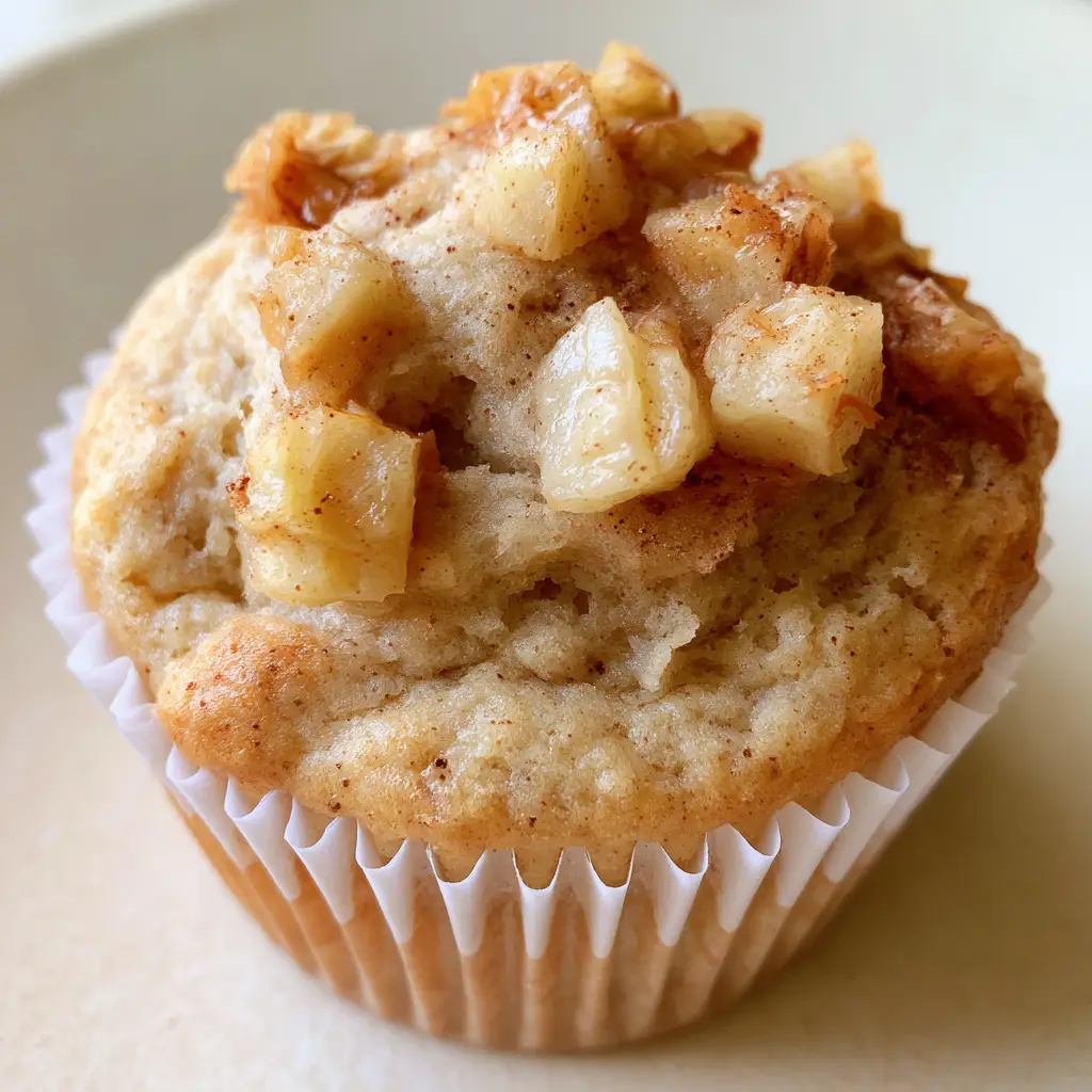 Close up shot of an Apple Cinnamon Greek Yogurt Muffin showing the soft light-tan crumb and cinnamon specks.