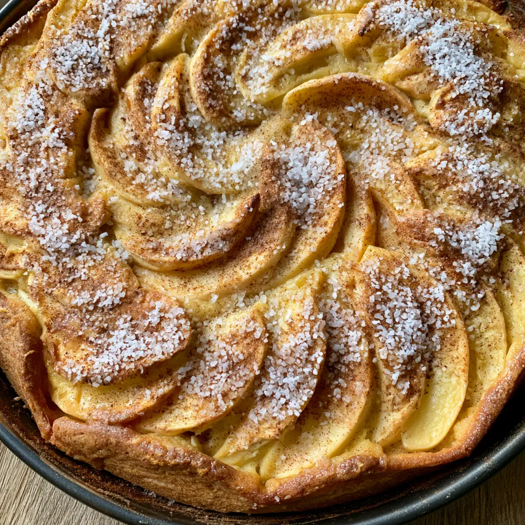 Top-down view of a Swedish Apple Cake Recipe showing dense crescent apple slices and golden baked sponge with caramelized edges.