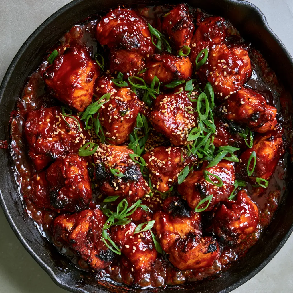 Gochujang Chicken: The Stickiest Korean Spicy Chicken Recipe 1 Bite-sized chicken pieces heavily coated in sticky caramelized gochujang sauce.