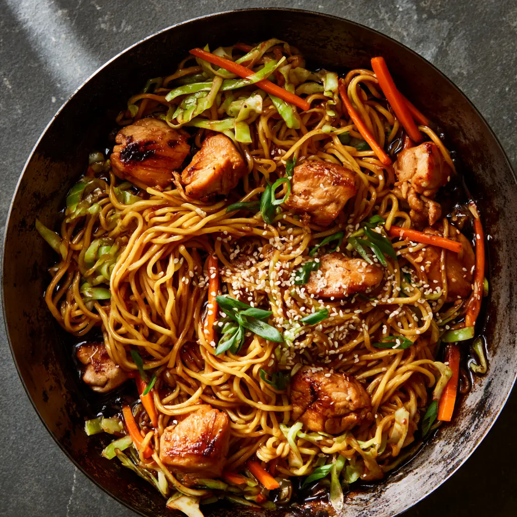 Chicken Chow Mein With Crispy Seared Chicken and Glossy Noodles 2 Top-down view of Chicken Chow Mein featuring thin yellow wheat noodles, seared chicken breast, and vibrant orange carrots.