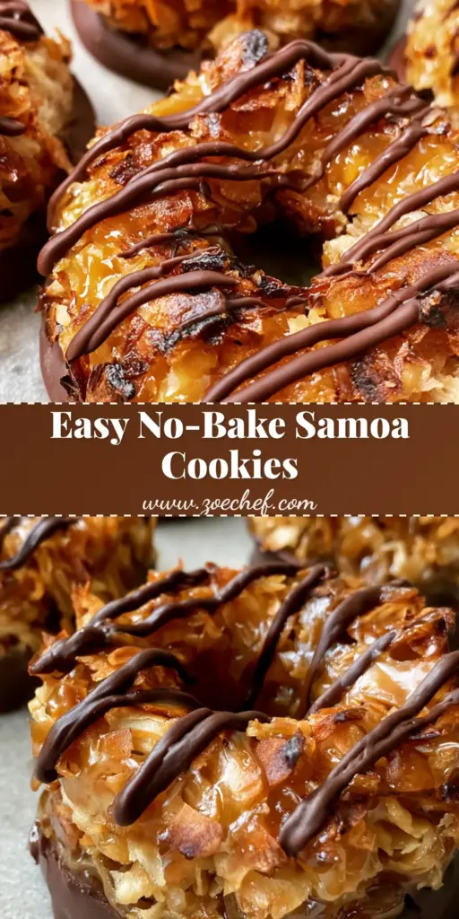 No-Bake Samoa Cookies: The Ultimate Easy Copycat Recipe 4 A close-up of homemade No-Bake Samoa Cookies with toasted coconut, caramel, and dark chocolate drizzle arranged on a light gray stone surface.