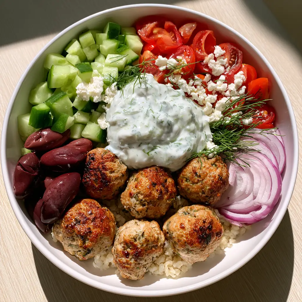 Greek Turkey Meatball Bowls with Creamy Tzatziki and Fresh Herbs 1 A high-angle smartphone photo of a finished Greek Turkey Meatball Bowl garnished with feta and dill.