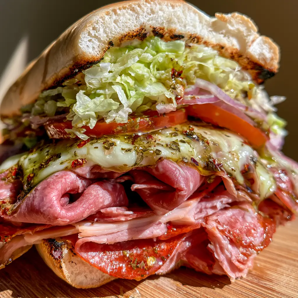 Italian Sub Sandwich: The Ultimate Deli-Style Toasted Hero 1 Two halves of an Italian Sub Sandwich stacked, showing layers of folded Genoa salami and pepperoni.