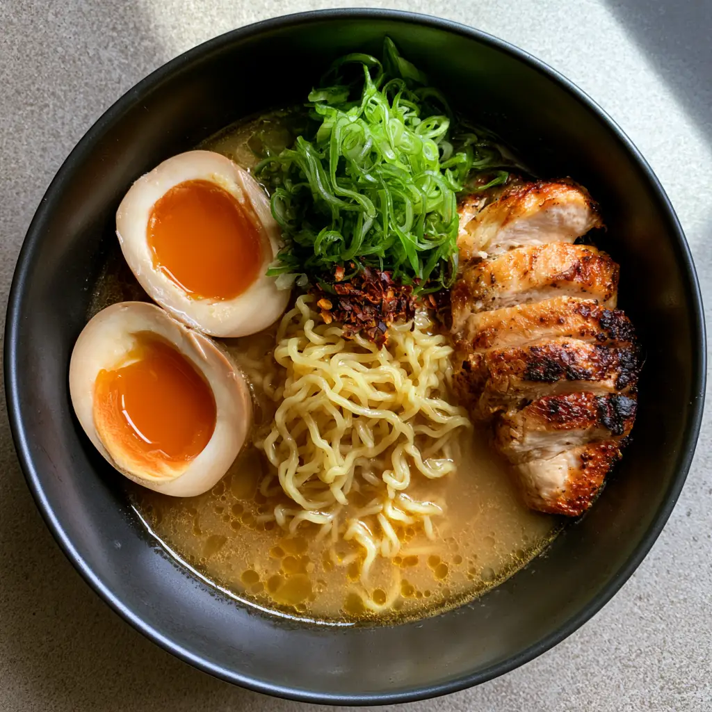 Easy Homemade Ramen Recipe with Seared Chicken and Jammy Eggs 1 Slices of pan-seared chicken breast with charred edges and soft-boiled eggs with runny yolks on an Easy Homemade Ramen Recipe.