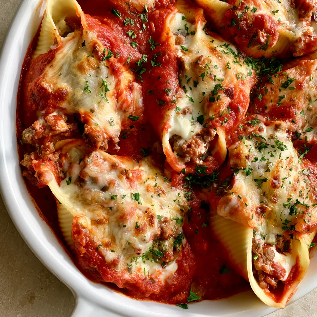 Ground Beef Stuffed Shells: The Ultimate Cheesy Comfort Food 1 A white ceramic baking dish filled with hearty Ground Beef Stuffed Shells and vibrant green parsley garnish.