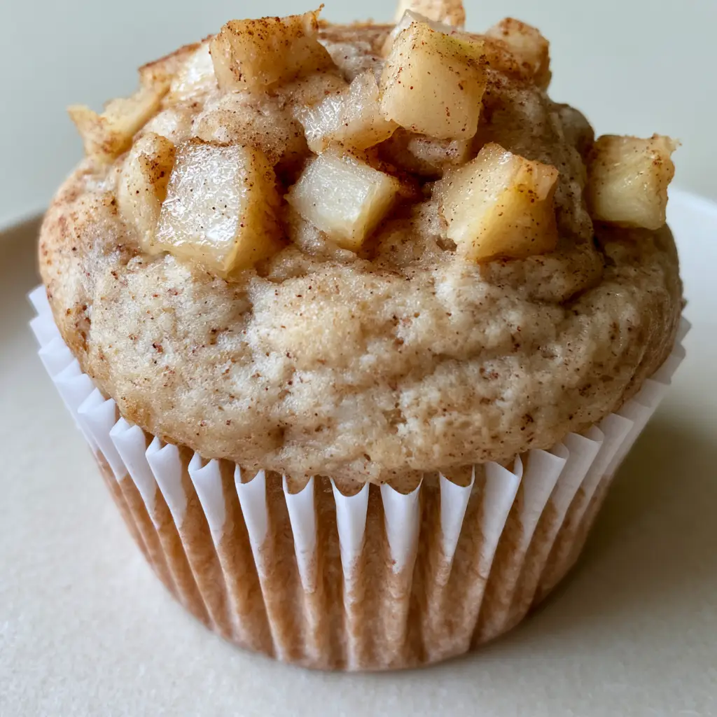 Apple Cinnamon Greek Yogurt Muffins: Fluffy, Moist, and Easy Recipe 1 High angle shot of a single muffin with juicy translucent apple cubes on a golden brown top.
