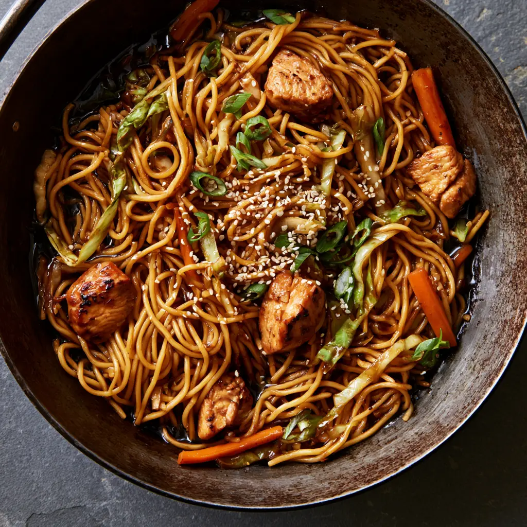 Chicken Chow Mein With Crispy Seared Chicken and Glossy Noodles 1 Close-up of glossy dark soy sauce coating stir-fried noodles and wilted green cabbage ribbons.