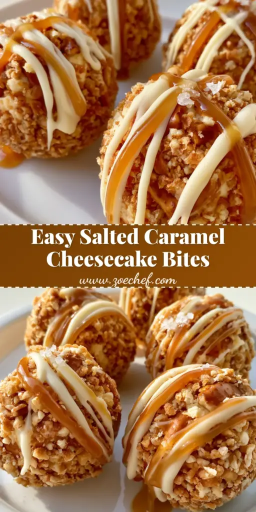 Salted Caramel Pretzel Cheesecake Bites (Easy No-Bake Recipe) 4 A handheld close-up of Salted Caramel Pretzel Cheesecake Bites densely coated in crushed pretzels and drizzled with white chocolate on a white plate.