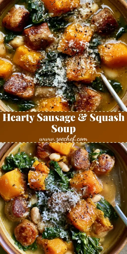 Sausage and Butternut Squash Soup with Kale and Cannellini Beans 3 A top-down view of a rustic ceramic bowl filled with Sausage and Butternut Squash Soup, featuring seared sausage, orange squash, and dark green kale in a golden broth.