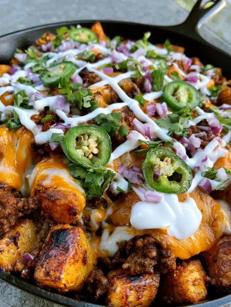 Cheesy Taco Potatoes: The Ultimate Crispy Skillet Dinner 2 Overhead view of crispy golden roasted potato cubes with charred edges and melted cheese in a cast iron skillet. (Cheesy Taco Potatoes)