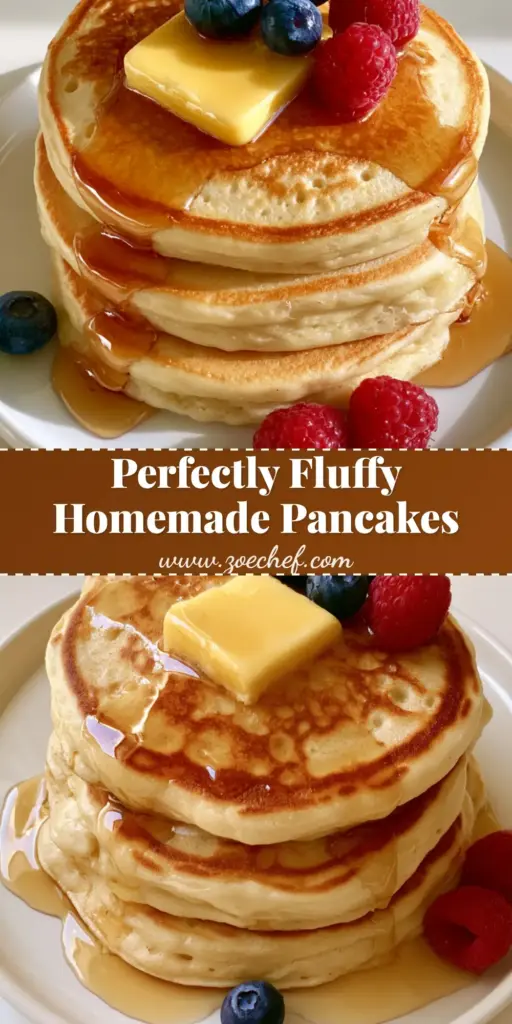 Fluffy Homemade Pancakes: The Ultimate Thick and Airy Recipe 3 A tall stack of three Fluffy Homemade Pancakes on a white plate with melting butter, syrup, blueberries, and raspberries.