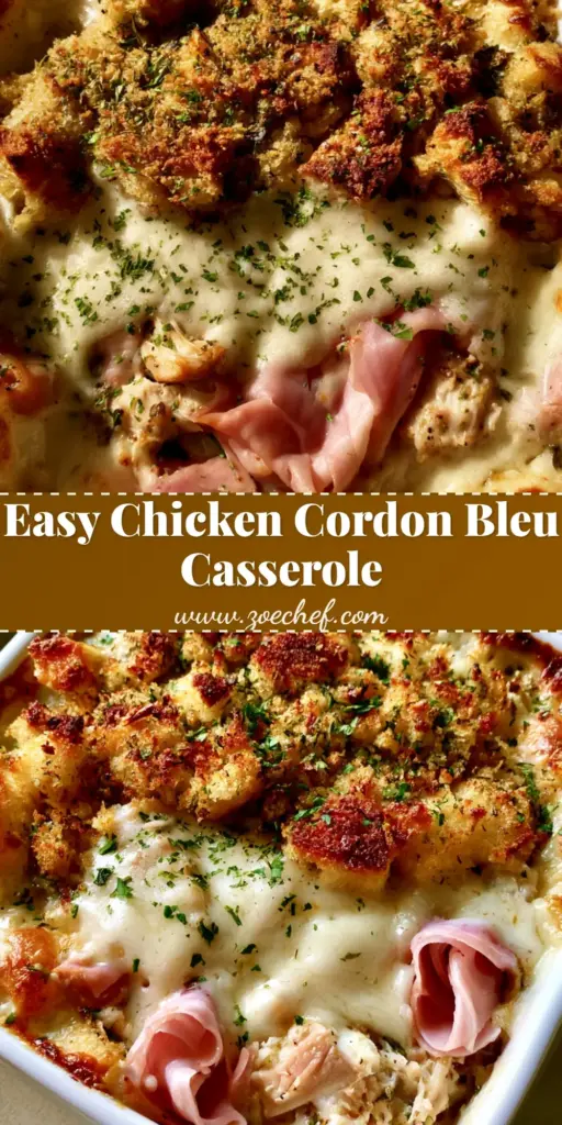 Chicken Cordon Bleu Casserole with Toasted Herb Stuffing 4 A square white ceramic dish filled with Chicken Cordon Bleu Casserole featuring golden herb stuffing, creamy Swiss sauce, and pink ham ribbons.