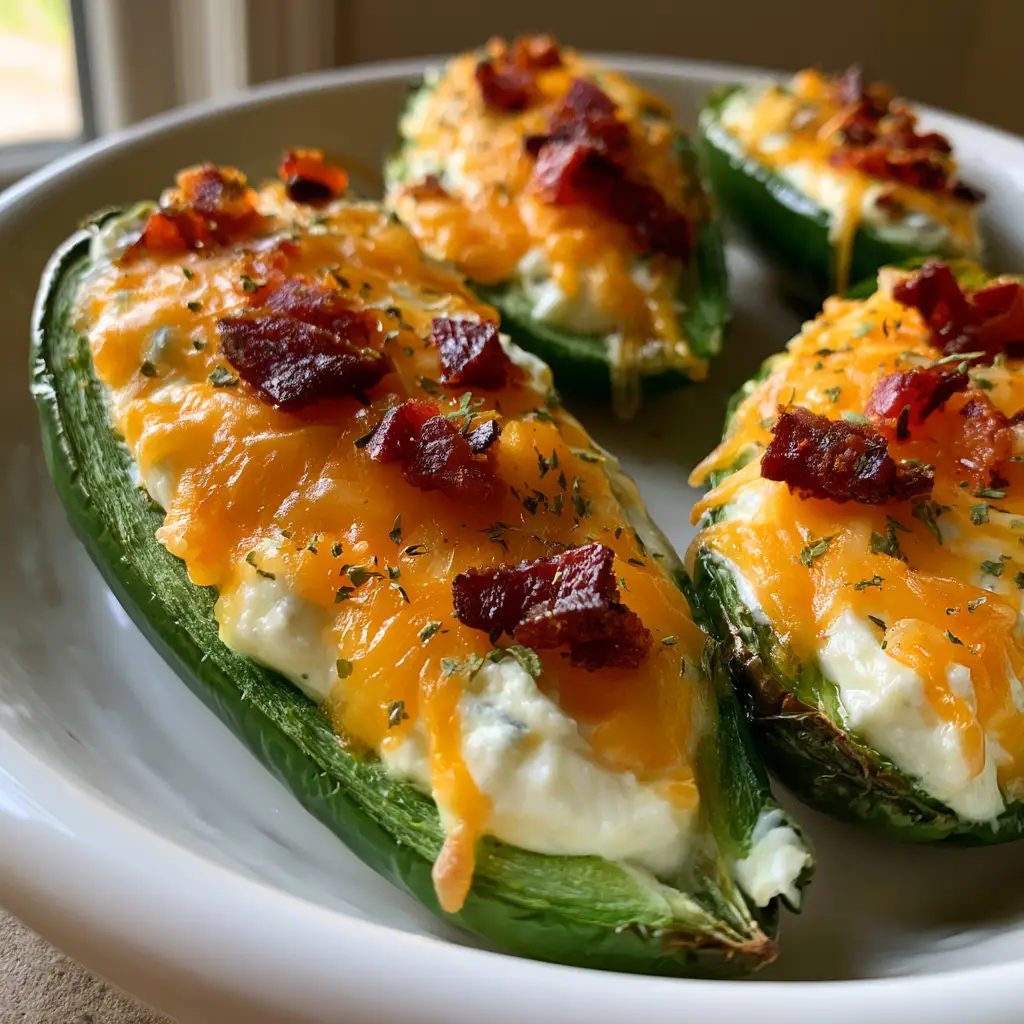 Jalapeño Poppers with Crispy Bacon and Melted Cheddar 2 Handheld smartphone photo of a plate of Jalapeño Poppers with bubbly melted cheddar and dark reddish-brown bacon crumbles in natural daylight.