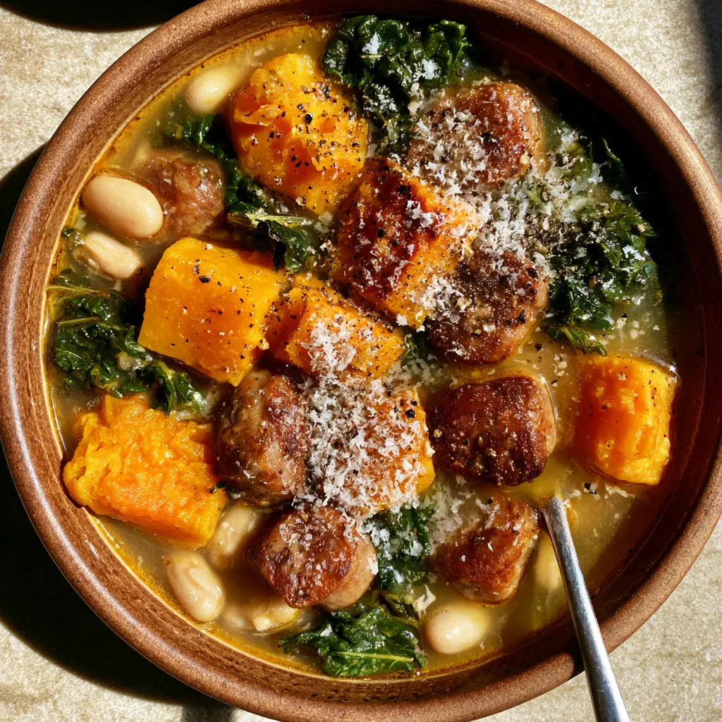 Sausage and Butternut Squash Soup with Kale and Cannellini Beans 2 Close-up of seared Italian sausage chunks and cubed butternut squash in a savory golden soup broth.