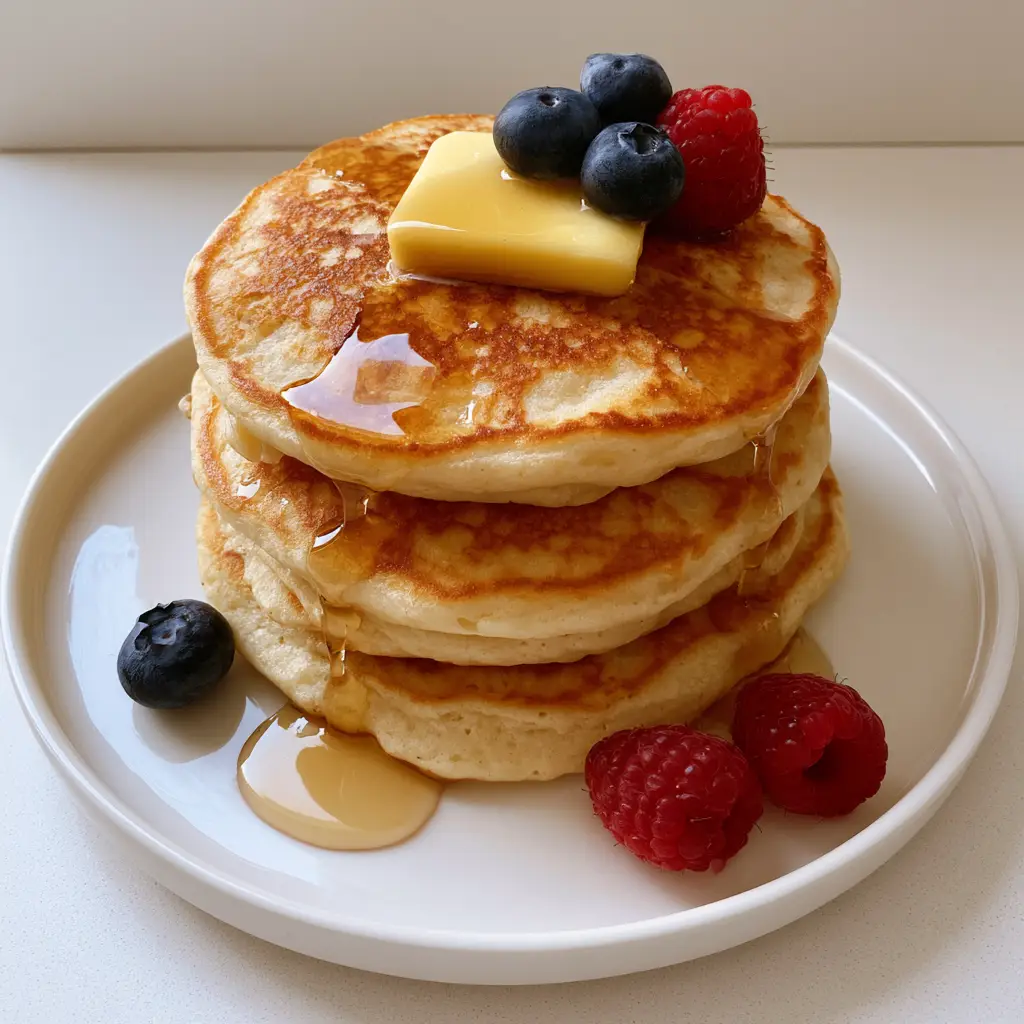 Close-up of golden-brown Fluffy Homemade Pancakes showing the aerated texture and melting butter pat.