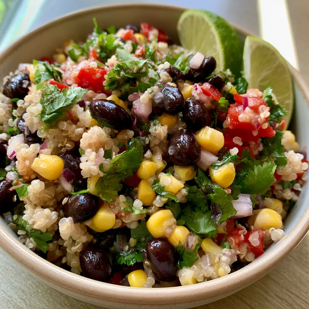 High-angle close-up of Sweet Corn and Black Bean Quinoa Salad with fluffy grains, bright corn kernels, and fresh lime wedges.